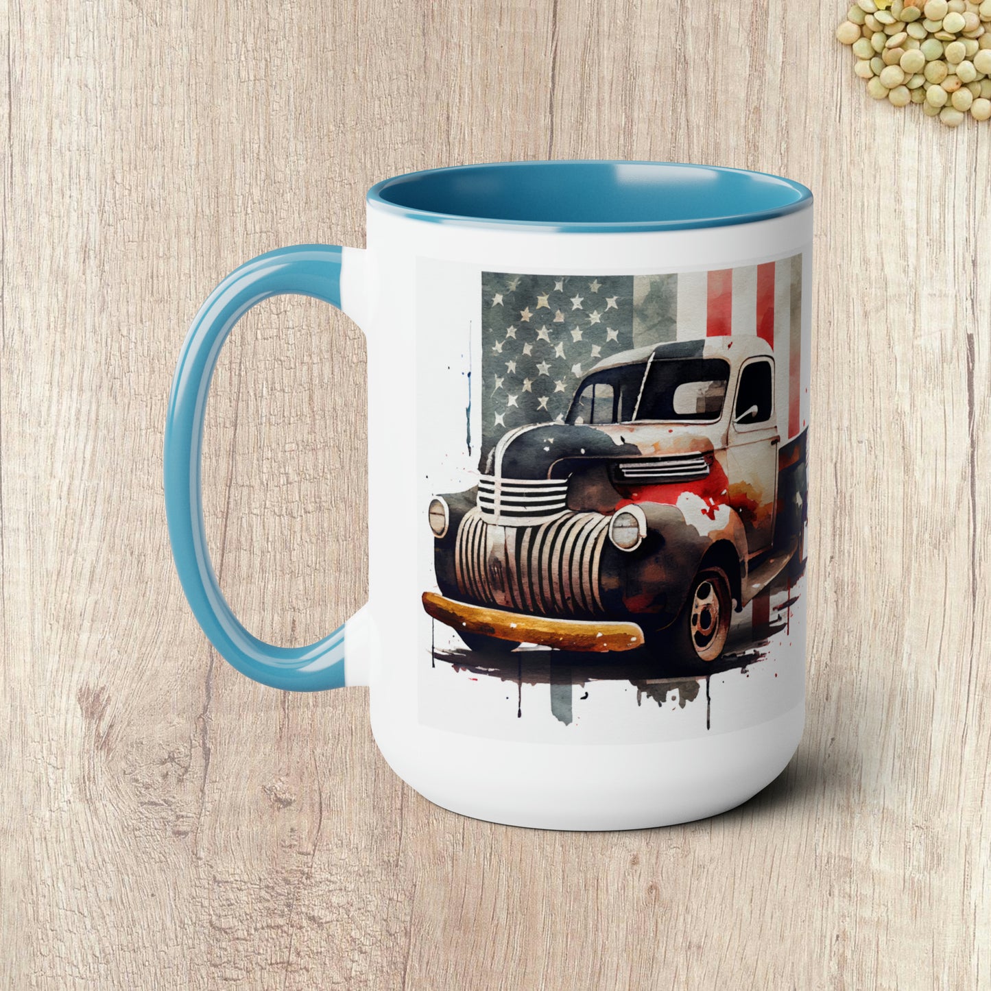 THE CLASSIC TRUCK AND FLAG - Two-Tone Coffee Mug - 15oz - 5 Color Options