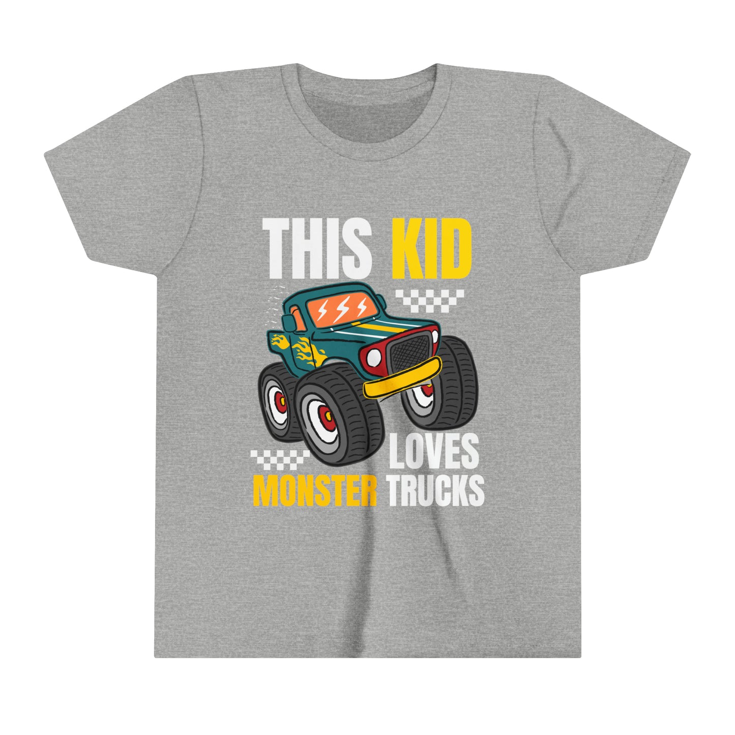 THIS KID LOVES MONSTER TRUCKS - Youth Short Sleeve Tee - 4 Color choices