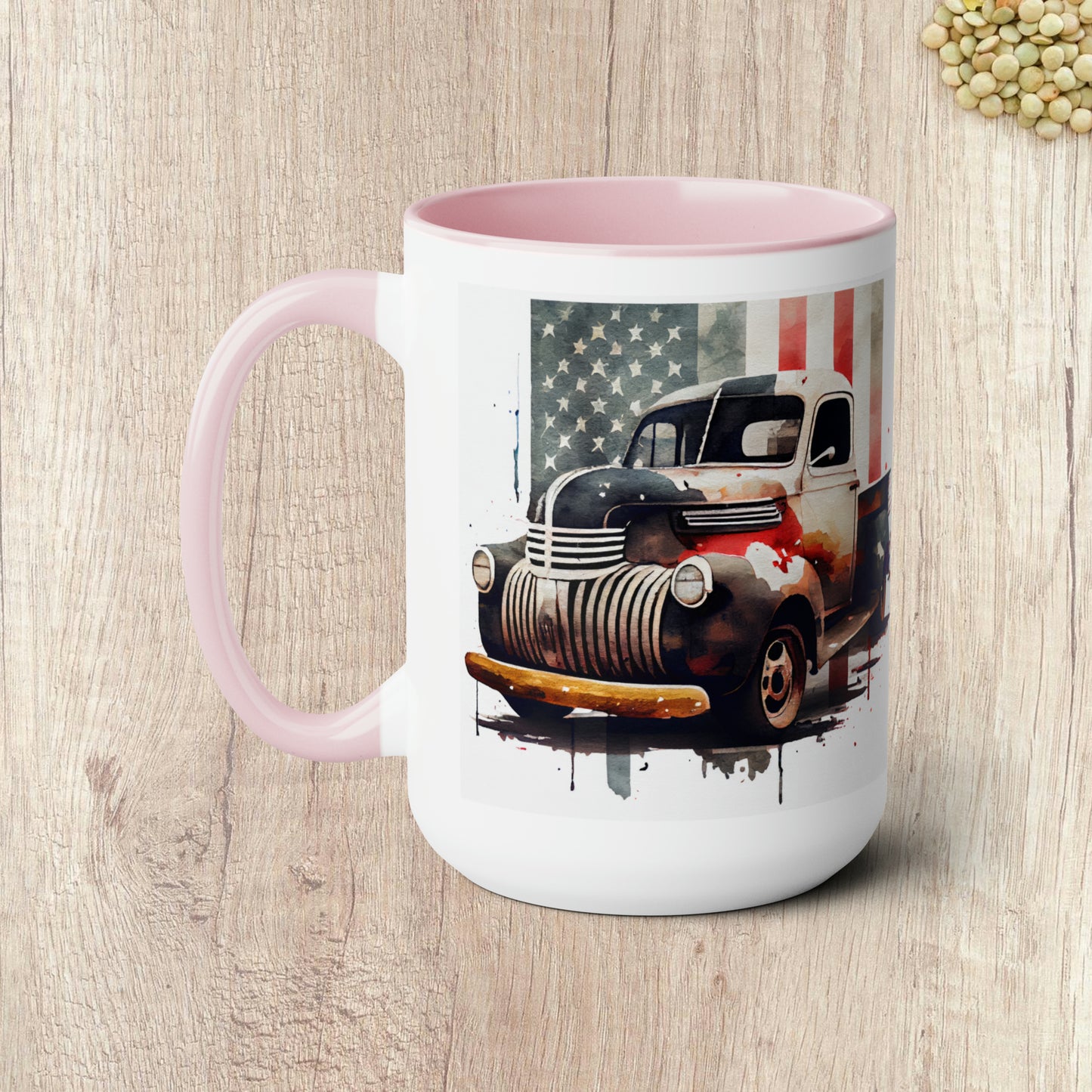 THE CLASSIC TRUCK AND FLAG - Two-Tone Coffee Mug - 15oz - 5 Color Options