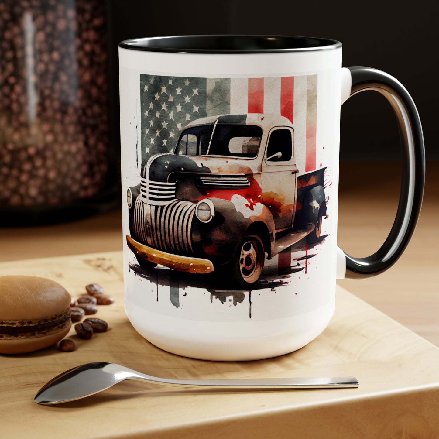 THE CLASSIC TRUCK AND FLAG - Two-Tone Coffee Mug - 15oz - 5 Color Options