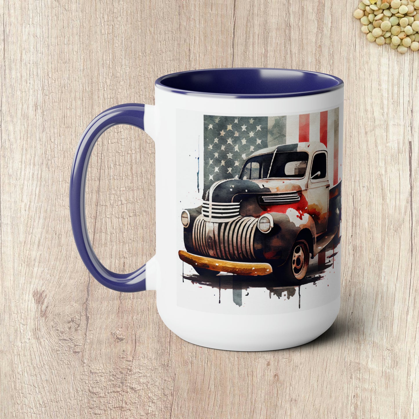 THE CLASSIC TRUCK AND FLAG - Two-Tone Coffee Mug - 15oz - 5 Color Options