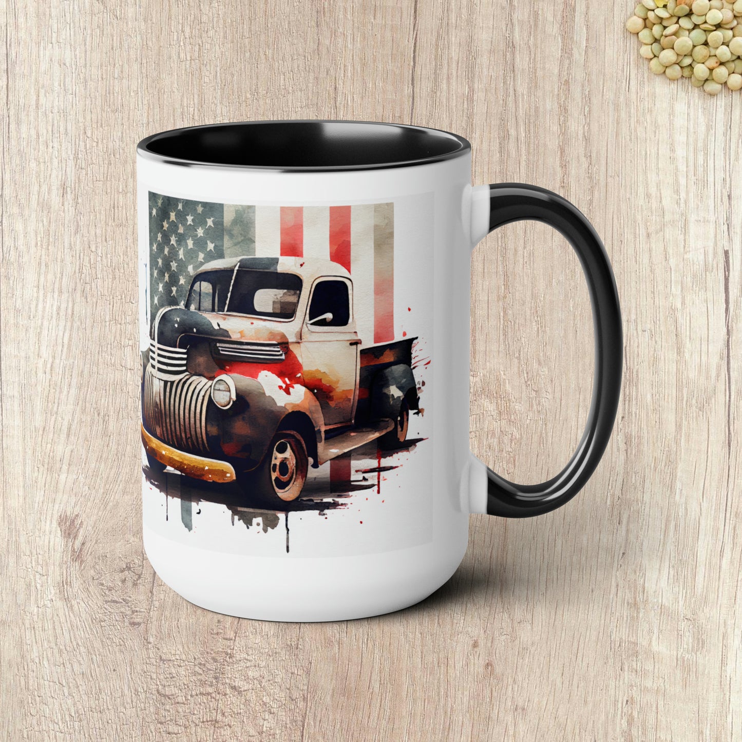 THE CLASSIC TRUCK AND FLAG - Two-Tone Coffee Mug - 15oz - 5 Color Options