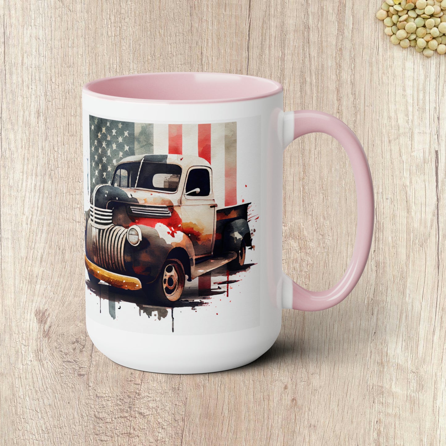 THE CLASSIC TRUCK AND FLAG - Two-Tone Coffee Mug - 15oz - 5 Color Options