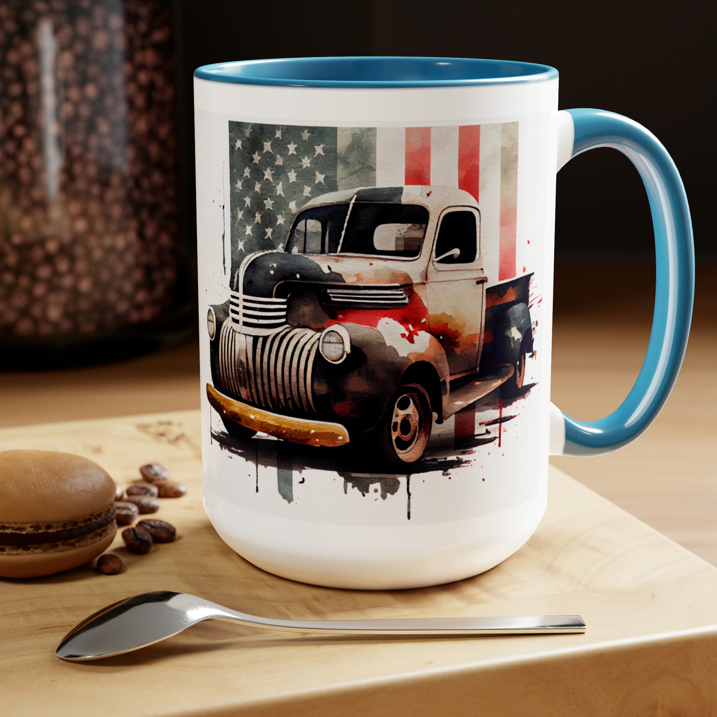 THE CLASSIC TRUCK AND FLAG - Two-Tone Coffee Mug - 15oz - 5 Color Options