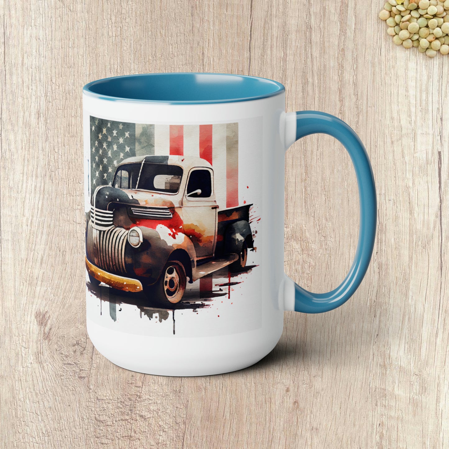 THE CLASSIC TRUCK AND FLAG - Two-Tone Coffee Mug - 15oz - 5 Color Options