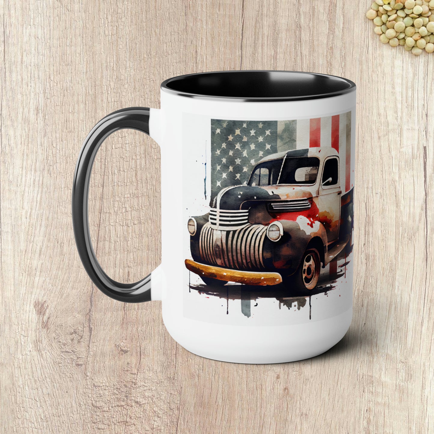 THE CLASSIC TRUCK AND FLAG - Two-Tone Coffee Mug - 15oz - 5 Color Options