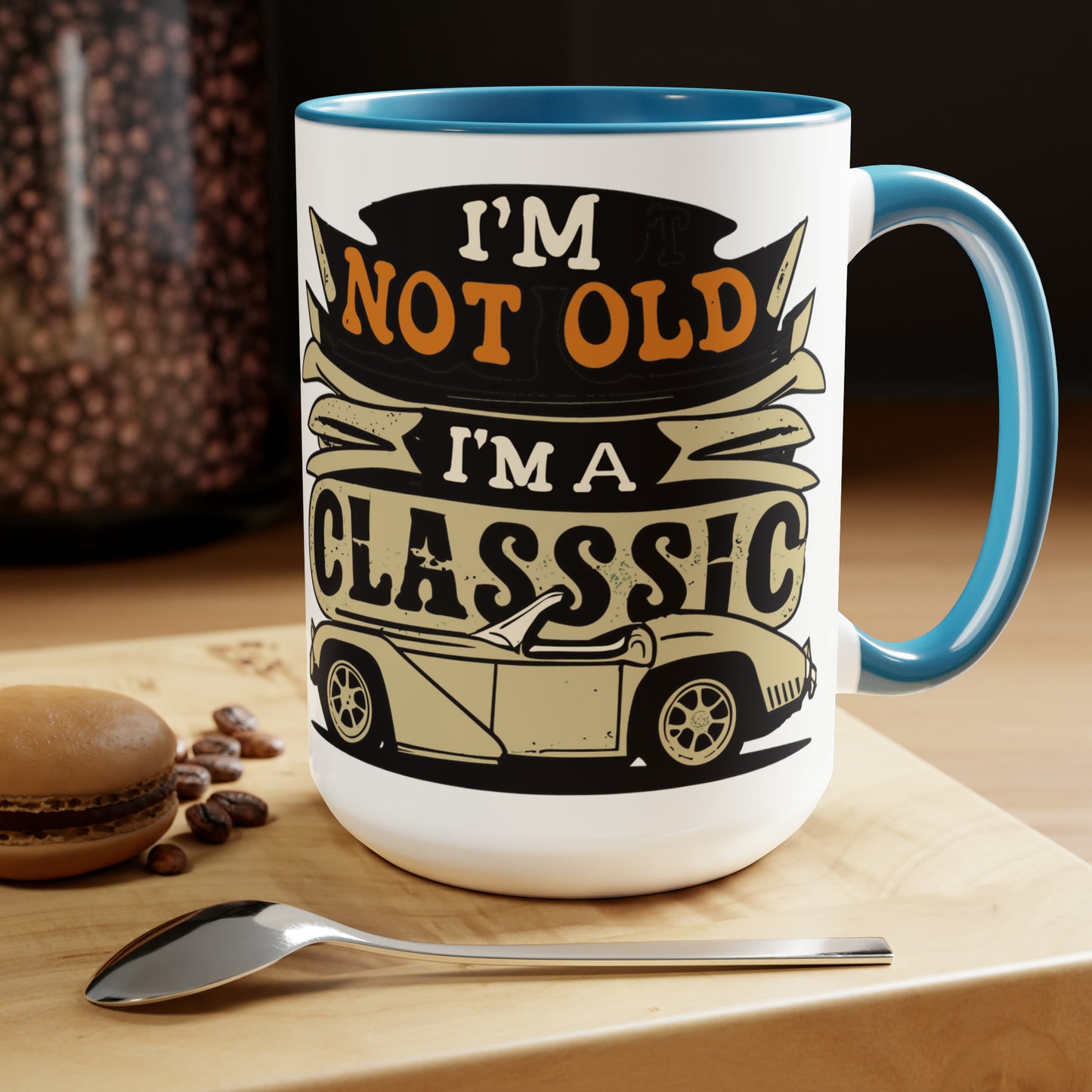 I'M NOT OLD I'M A CLASSIC - Convertable Sports Car  - Two-Tone Coffee Mug - 15oz - 5 Color Options