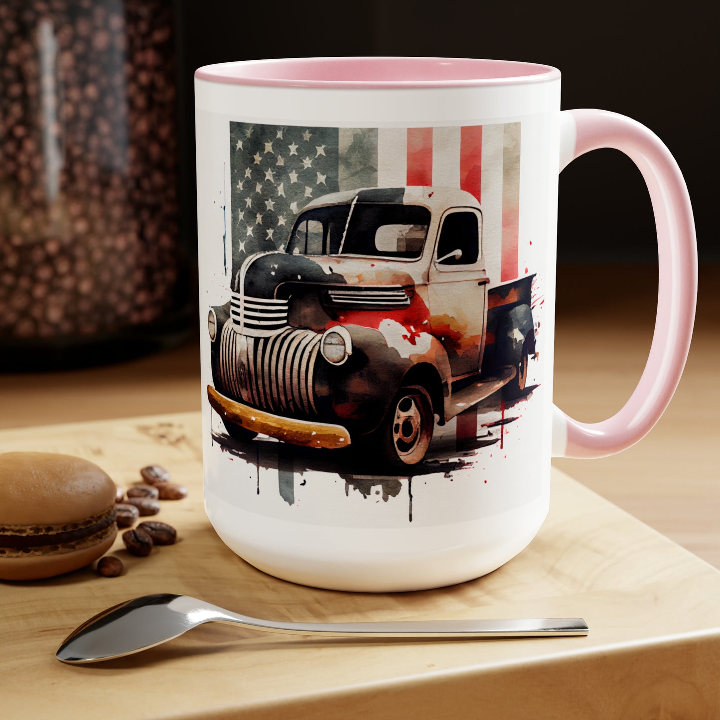 THE CLASSIC TRUCK AND FLAG - Two-Tone Coffee Mug - 15oz - 5 Color Options