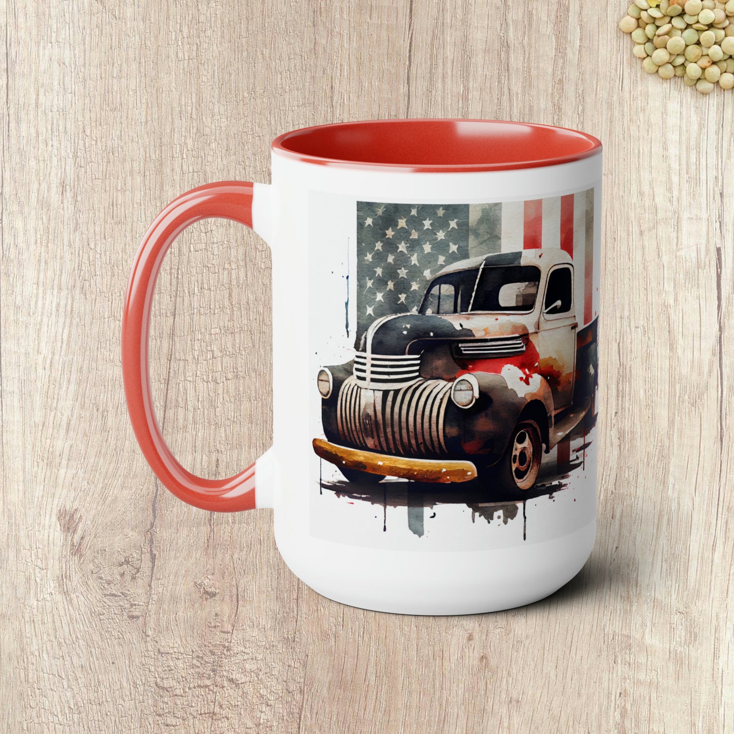 THE CLASSIC TRUCK AND FLAG - Two-Tone Coffee Mug - 15oz - 5 Color Options