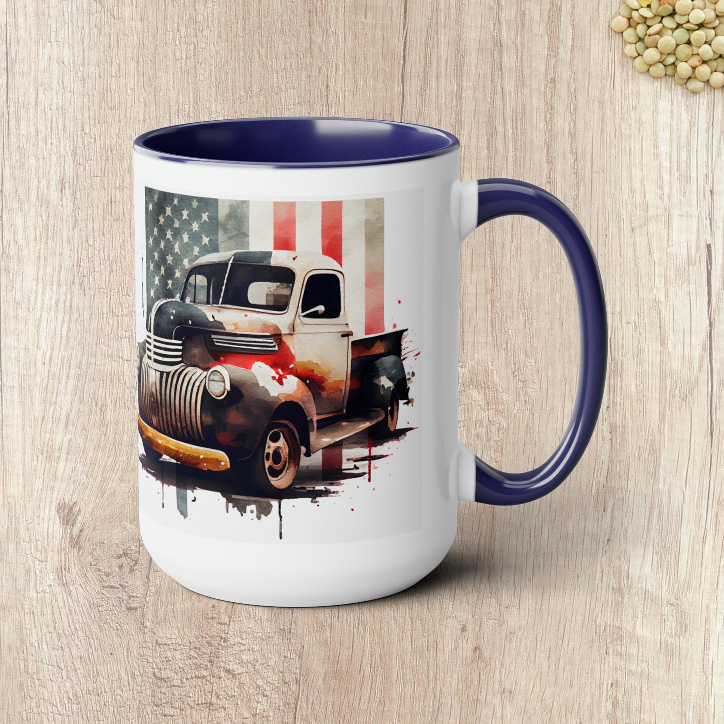 THE CLASSIC TRUCK AND FLAG - Two-Tone Coffee Mug - 15oz - 5 Color Options