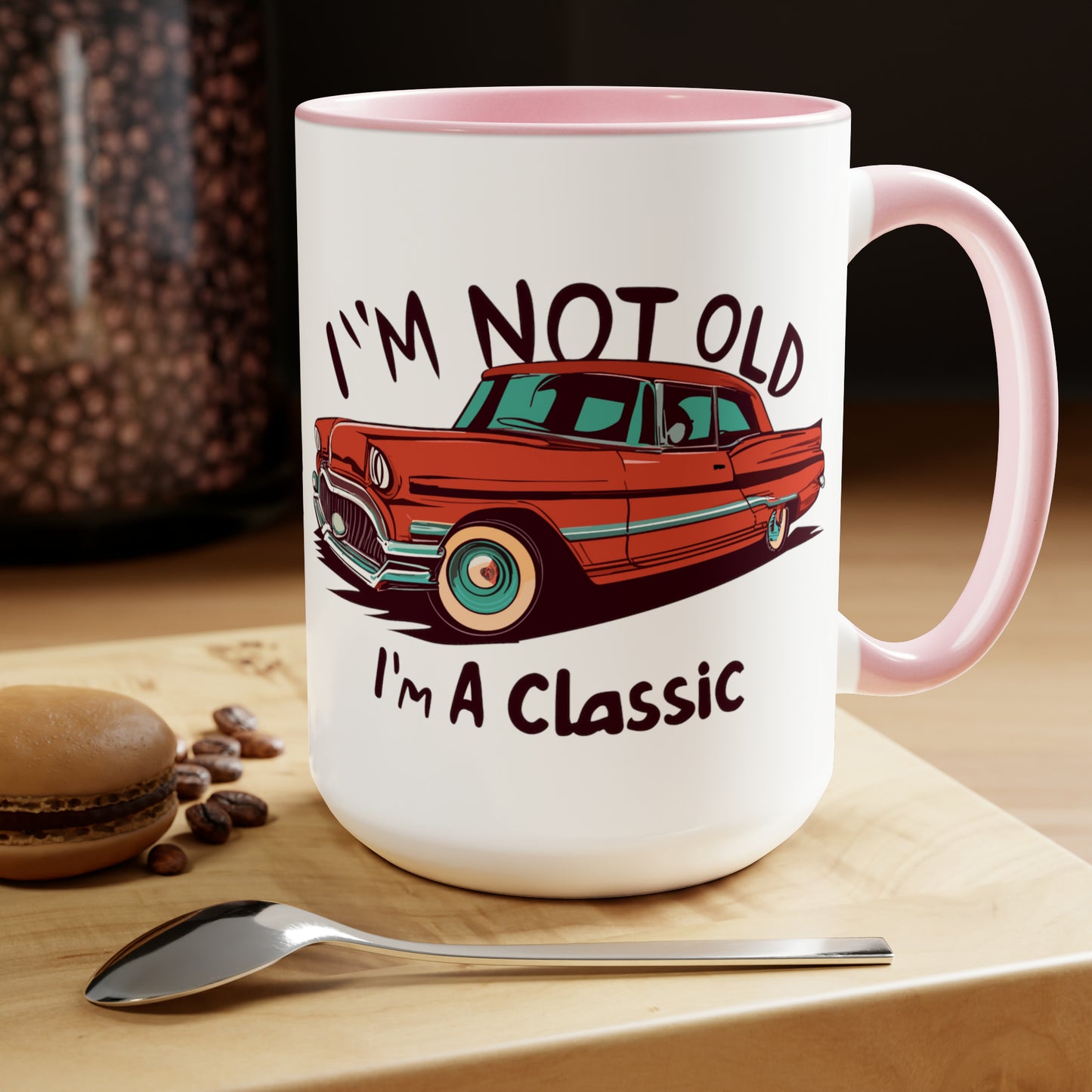 I'M NOT OLD I'M A CLASSIC - The Old Red Car  - Two-Tone Coffee Mug - 15oz - 5 Color Options