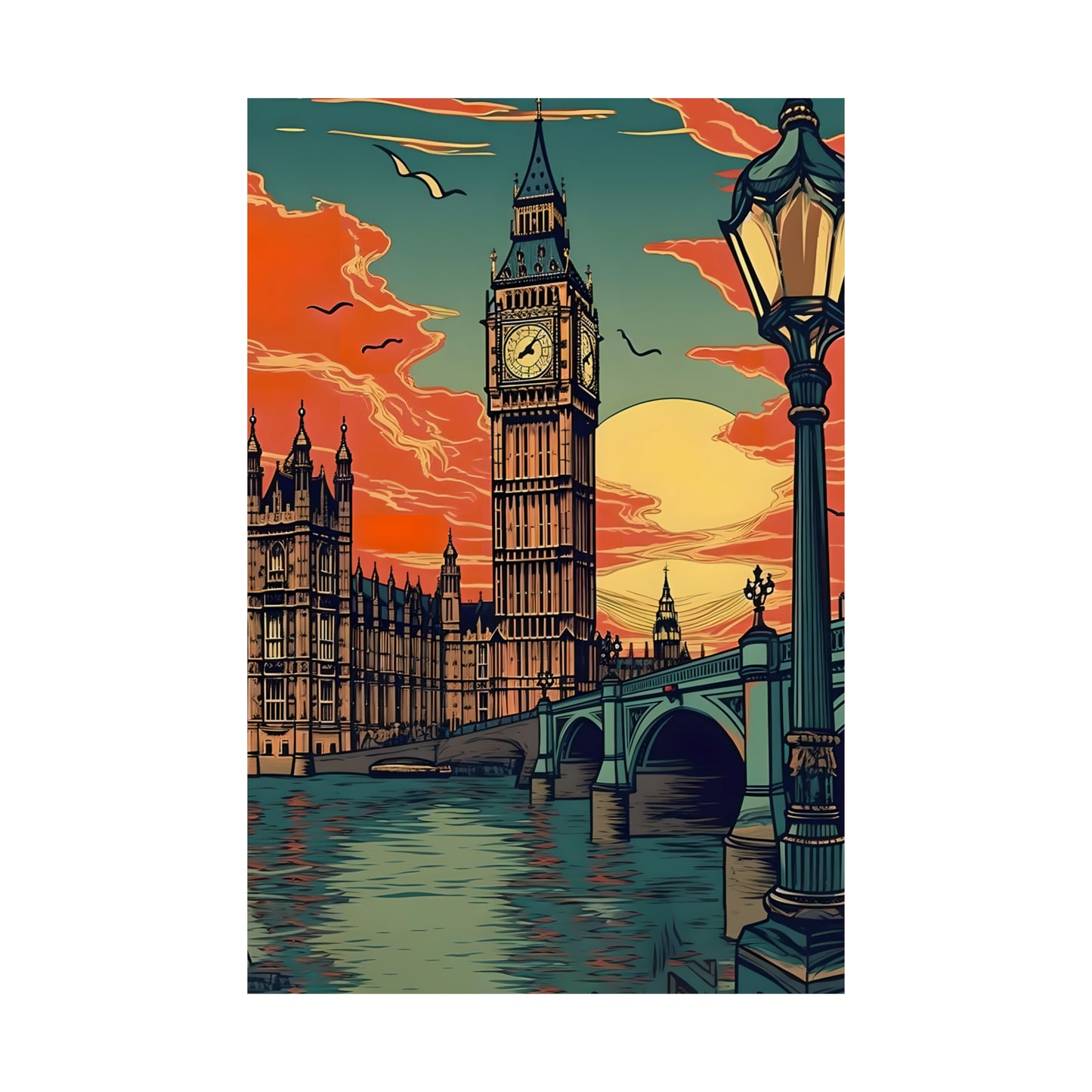 Big Ben - London Sunset - Vintage Travel Graphic - Museum Quality Poster