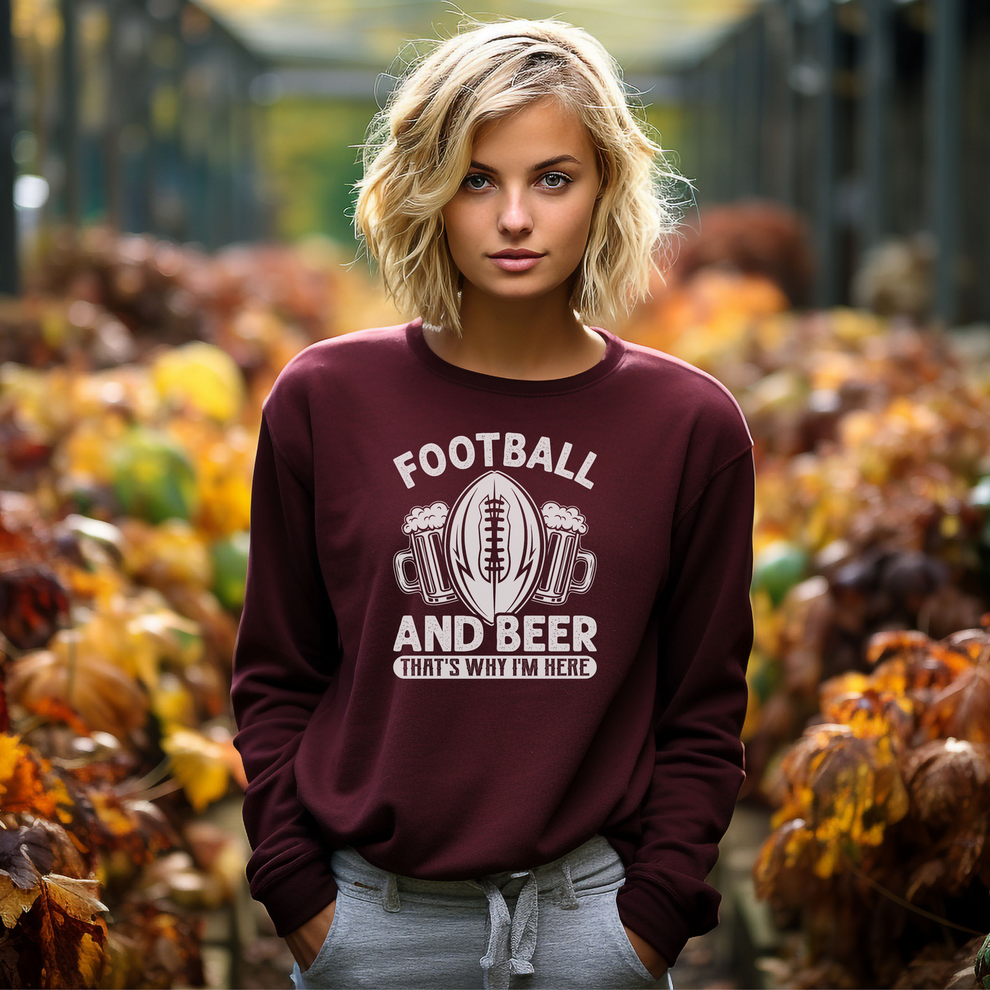 FOOTBALL AND BEER - THAT'S WHY I'M HERE  - WOMEN - Heavy Blend™ Crewneck Sweatshirt - 12 Colors - Sizes to 3XL